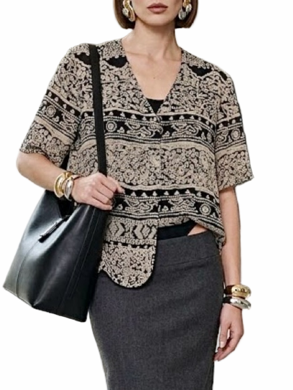 Vintage Un Jour Ailleurs Paris black beige chiffon short sleeve top blouse EU 42